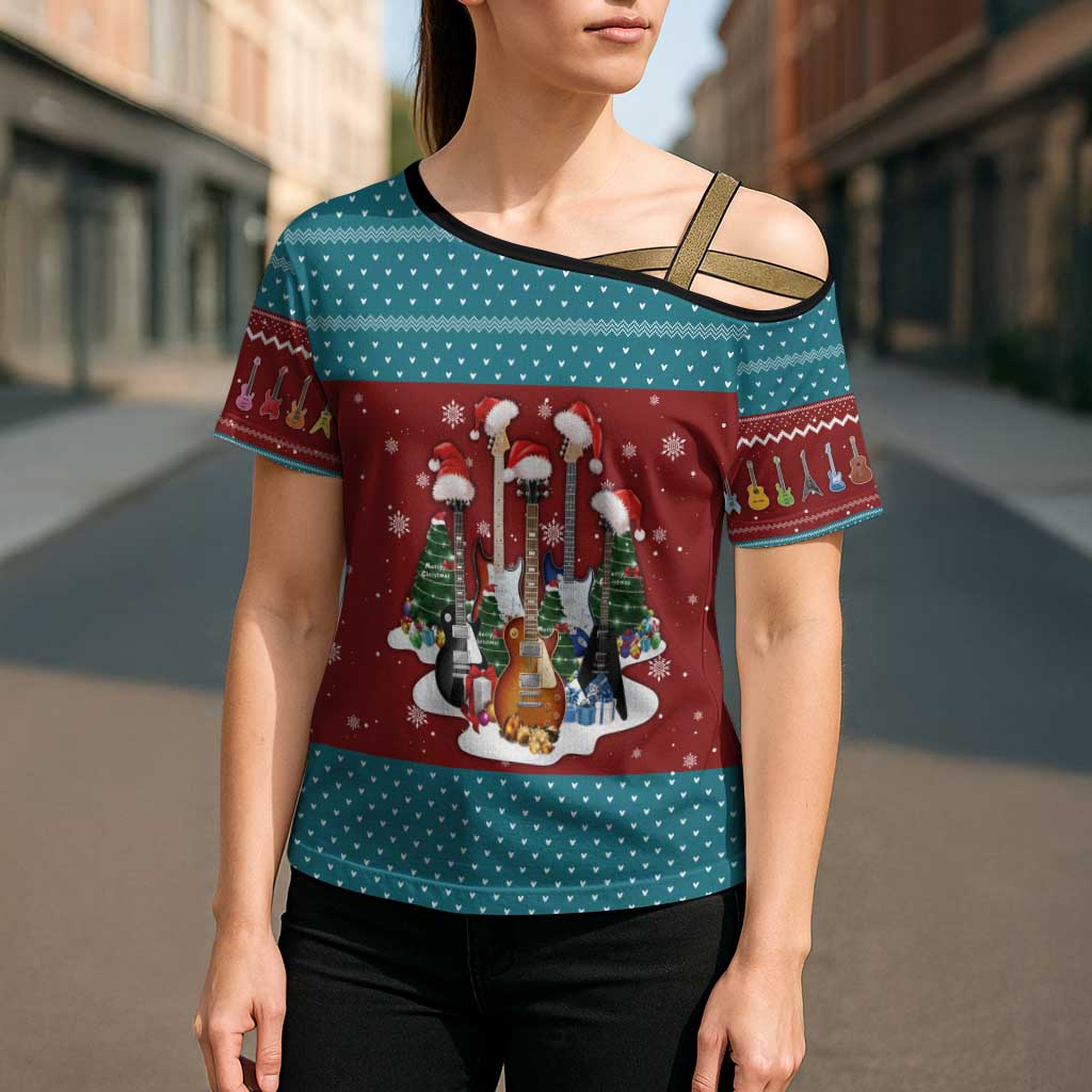 Christmas Guitar Cross Shoulder Shirt with Santa Hats Trees Snowflakes and Musical Pattern - Wonder Print Shop