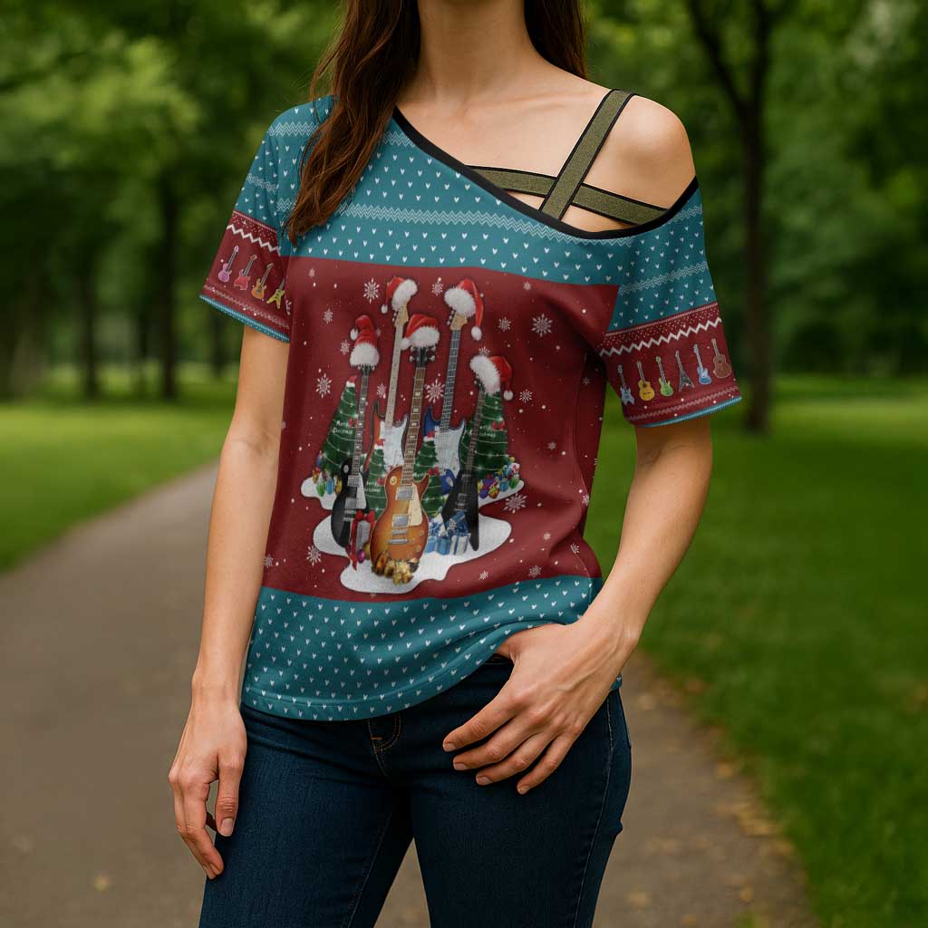 Christmas Guitar Cross Shoulder Shirt with Santa Hats Trees Snowflakes and Musical Pattern - Wonder Print Shop