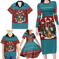 Christmas Guitar Family Matching Long Sleeve Bodycon Dress and Hawaiian Shirt with Santa Hats Trees Snowflakes and Musical Pattern - Wonder Print Shop
