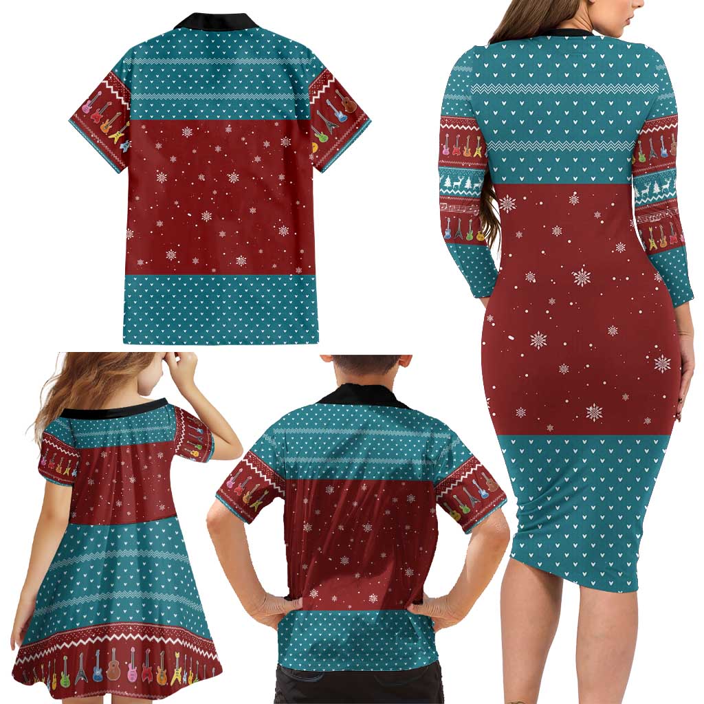 Christmas Guitar Family Matching Long Sleeve Bodycon Dress and Hawaiian Shirt with Santa Hats Trees Snowflakes and Musical Pattern - Wonder Print Shop
