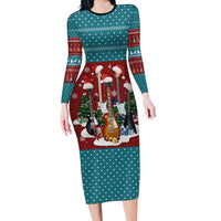 Christmas Guitar Family Matching Long Sleeve Bodycon Dress and Hawaiian Shirt with Santa Hats Trees Snowflakes and Musical Pattern - Wonder Print Shop
