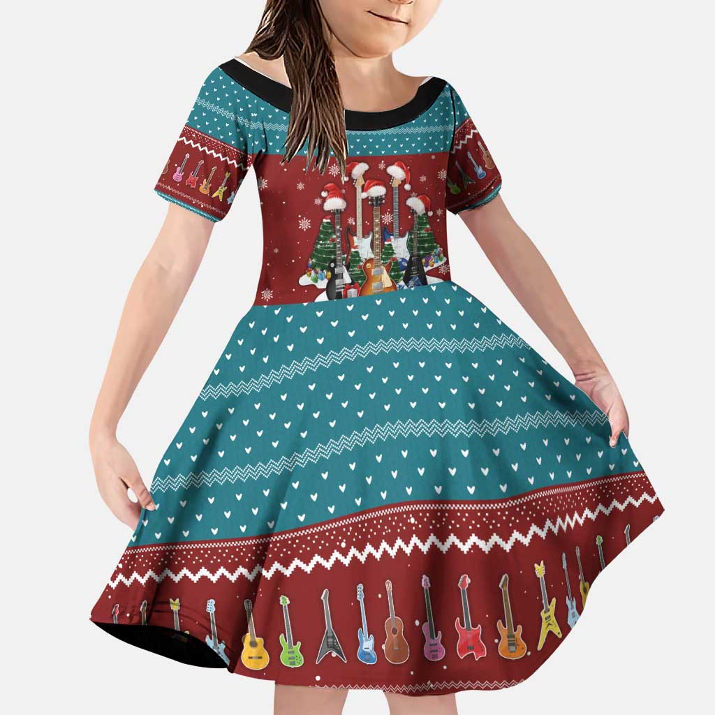 Christmas Guitar Family Matching Mermaid Dress and Hawaiian Shirt with Santa Hats Trees Snowflakes and Musical Pattern - Wonder Print Shop