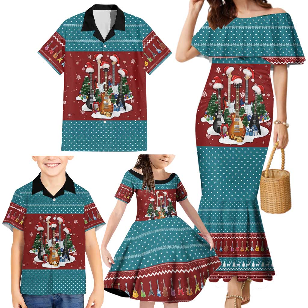Christmas Guitar Family Matching Mermaid Dress and Hawaiian Shirt with Santa Hats Trees Snowflakes and Musical Pattern - Wonder Print Shop