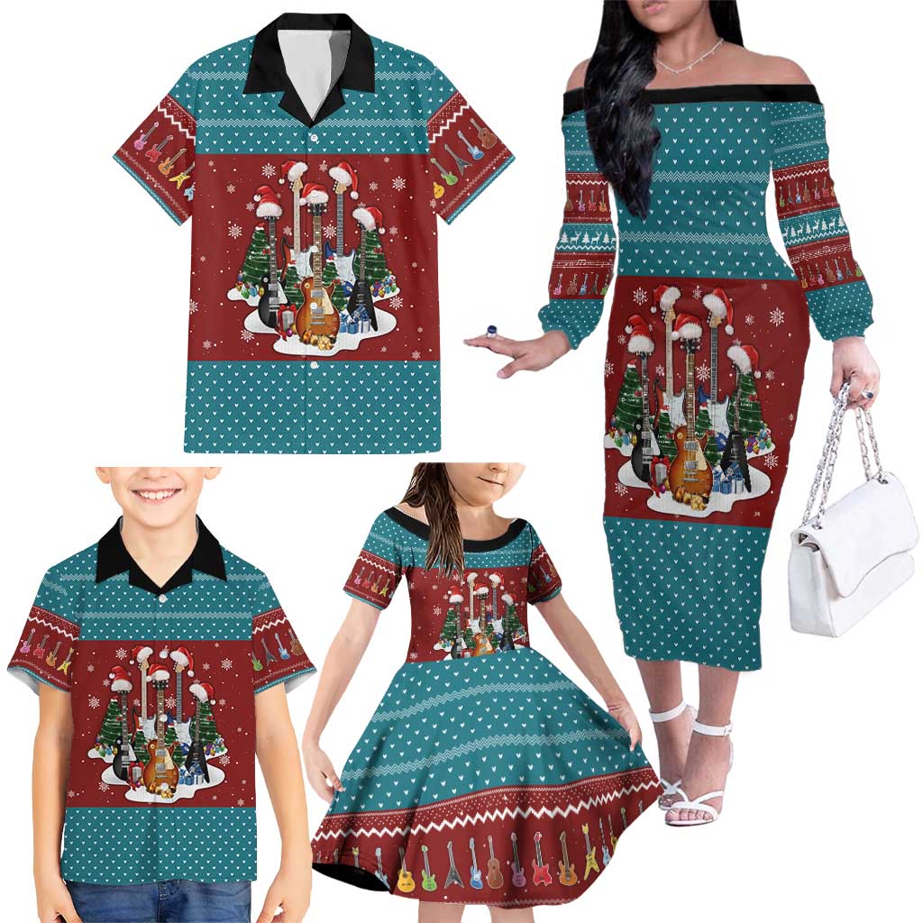 Christmas Guitar Family Matching Off The Shoulder Long Sleeve Dress and Hawaiian Shirt with Santa Hats Trees Snowflakes and Musical Pattern - Wonder Print Shop