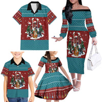 Christmas Guitar Family Matching Off The Shoulder Long Sleeve Dress and Hawaiian Shirt with Santa Hats Trees Snowflakes and Musical Pattern - Wonder Print Shop