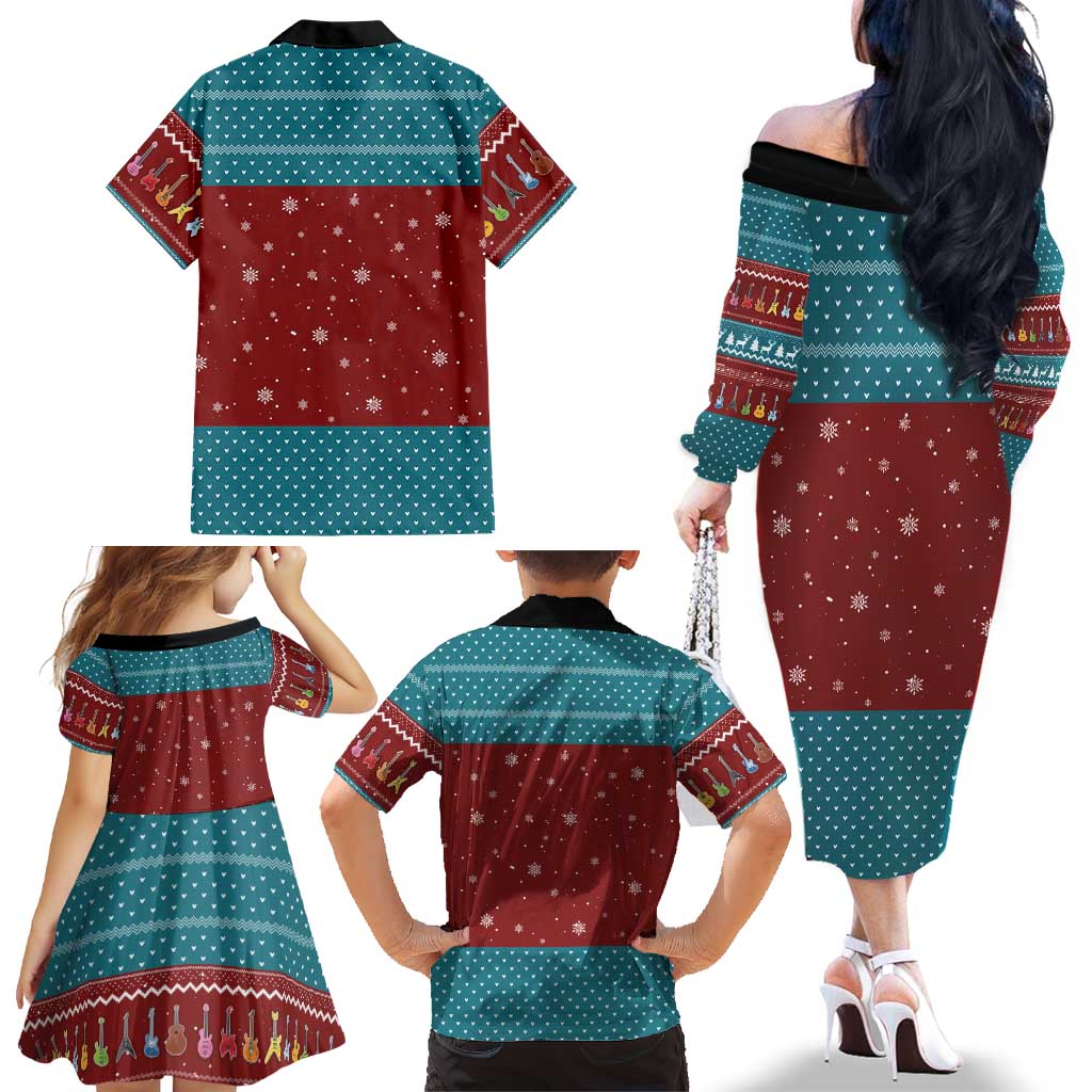 Christmas Guitar Family Matching Off The Shoulder Long Sleeve Dress and Hawaiian Shirt with Santa Hats Trees Snowflakes and Musical Pattern - Wonder Print Shop