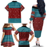 Christmas Guitar Family Matching Off The Shoulder Long Sleeve Dress and Hawaiian Shirt with Santa Hats Trees Snowflakes and Musical Pattern - Wonder Print Shop