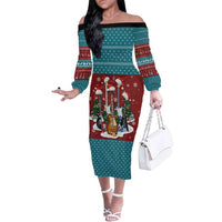 Christmas Guitar Family Matching Off The Shoulder Long Sleeve Dress and Hawaiian Shirt with Santa Hats Trees Snowflakes and Musical Pattern - Wonder Print Shop