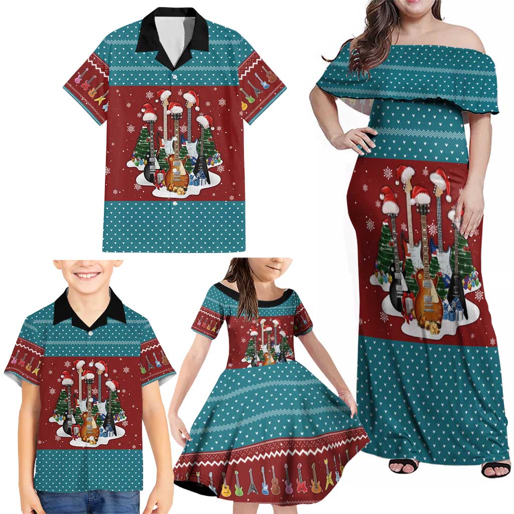 Christmas Guitar Family Matching Off Shoulder Maxi Dress and Hawaiian Shirt with Santa Hats Trees Snowflakes and Musical Pattern - Wonder Print Shop