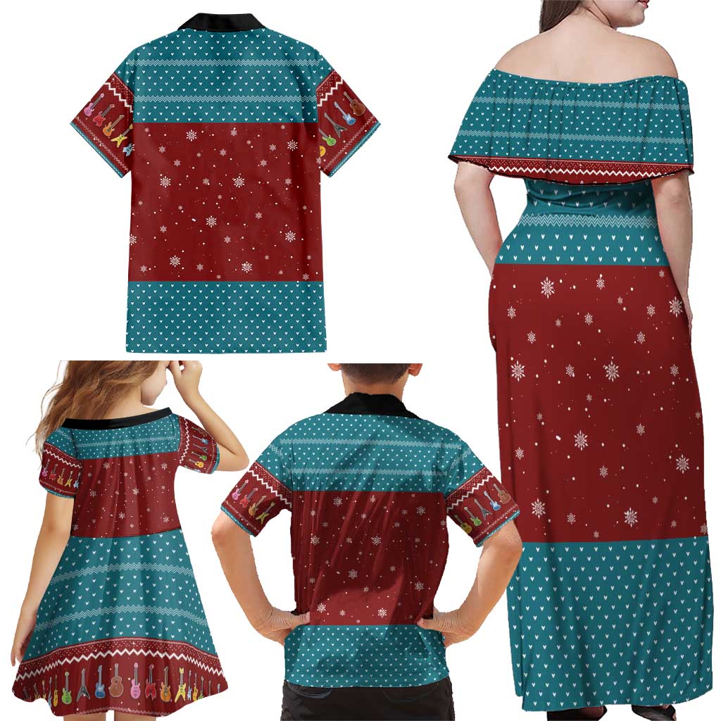 Christmas Guitar Family Matching Off Shoulder Maxi Dress and Hawaiian Shirt with Santa Hats Trees Snowflakes and Musical Pattern - Wonder Print Shop