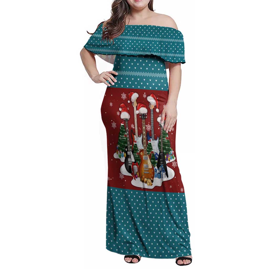 Christmas Guitar Family Matching Off Shoulder Maxi Dress and Hawaiian Shirt with Santa Hats Trees Snowflakes and Musical Pattern - Wonder Print Shop