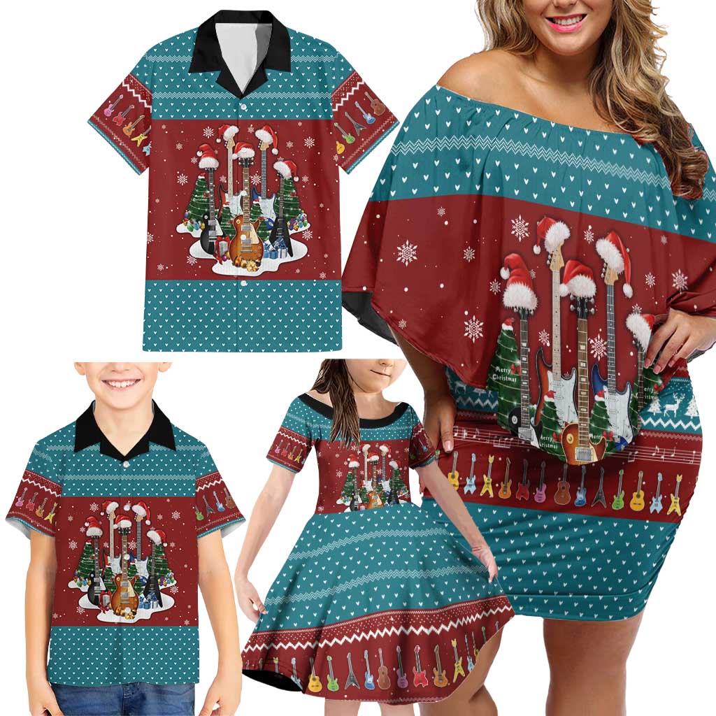 Christmas Guitar Family Matching Off Shoulder Short Dress and Hawaiian Shirt with Santa Hats Trees Snowflakes and Musical Pattern - Wonder Print Shop