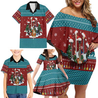 Christmas Guitar Family Matching Off Shoulder Short Dress and Hawaiian Shirt with Santa Hats Trees Snowflakes and Musical Pattern - Wonder Print Shop