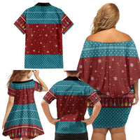 Christmas Guitar Family Matching Off Shoulder Short Dress and Hawaiian Shirt with Santa Hats Trees Snowflakes and Musical Pattern - Wonder Print Shop