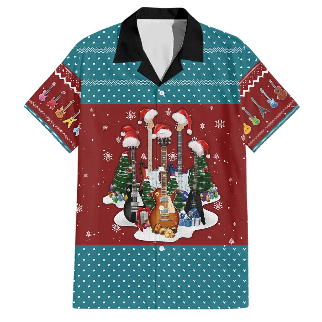 Christmas Guitar Family Matching Off Shoulder Short Dress and Hawaiian Shirt with Santa Hats Trees Snowflakes and Musical Pattern - Wonder Print Shop