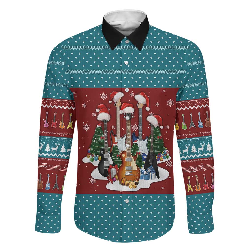 Christmas Guitar Family Matching Off Shoulder Short Dress and Hawaiian Shirt with Santa Hats Trees Snowflakes and Musical Pattern - Wonder Print Shop