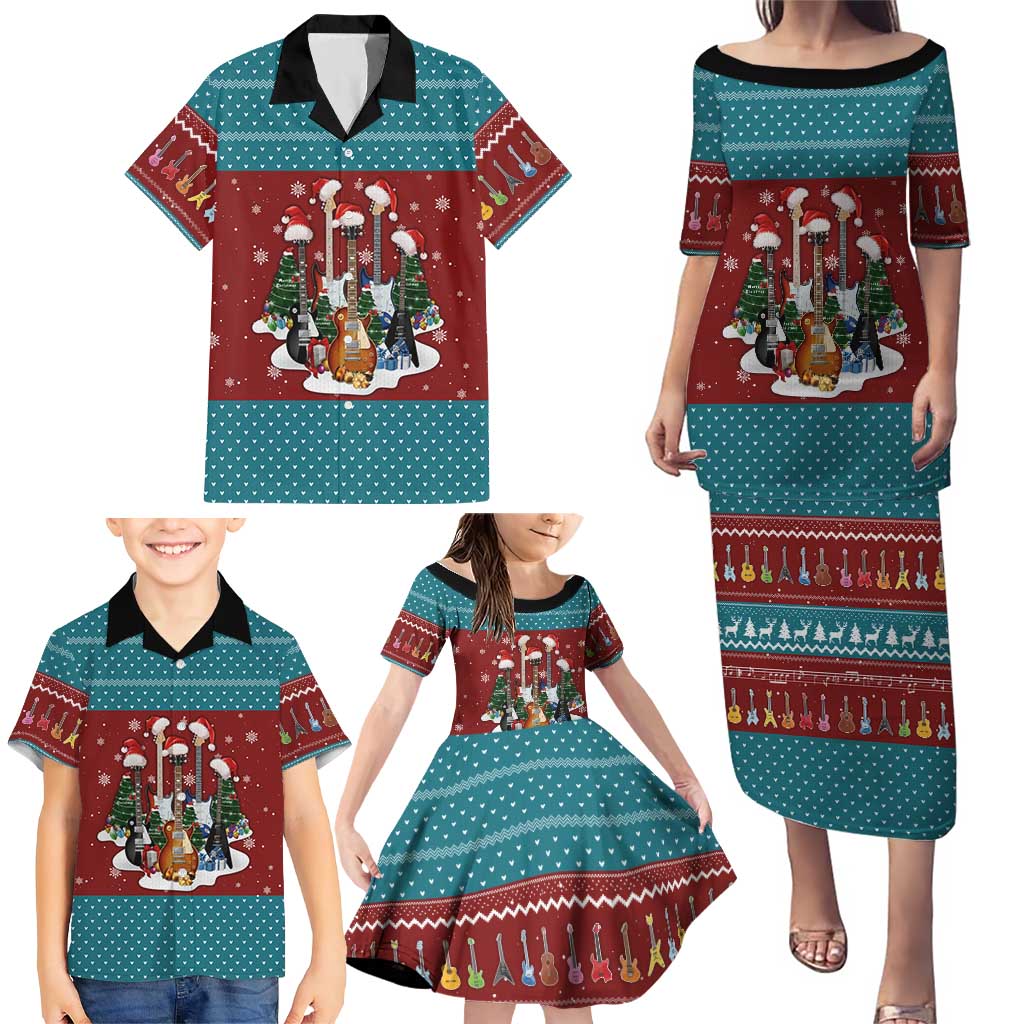 Christmas Guitar Family Matching Puletasi and Hawaiian Shirt with Santa Hats Trees Snowflakes and Musical Pattern - Wonder Print Shop