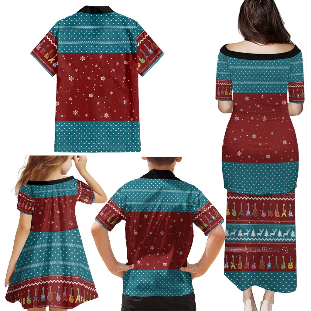 Christmas Guitar Family Matching Puletasi and Hawaiian Shirt with Santa Hats Trees Snowflakes and Musical Pattern - Wonder Print Shop