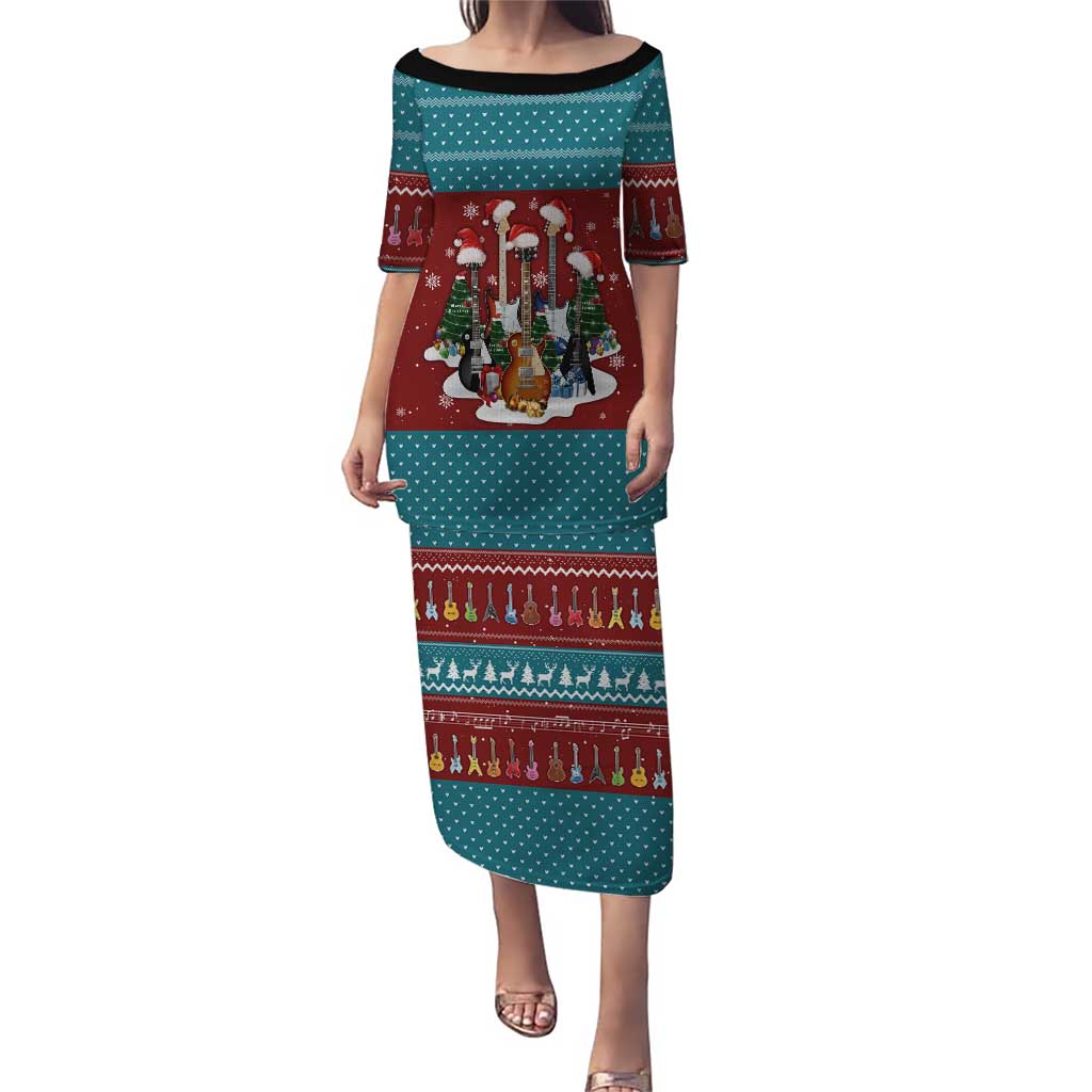 Christmas Guitar Family Matching Puletasi and Hawaiian Shirt with Santa Hats Trees Snowflakes and Musical Pattern - Wonder Print Shop