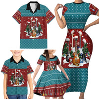 Christmas Guitar Family Matching Short Sleeve Bodycon Dress and Hawaiian Shirt with Santa Hats Trees Snowflakes and Musical Pattern - Wonder Print Shop