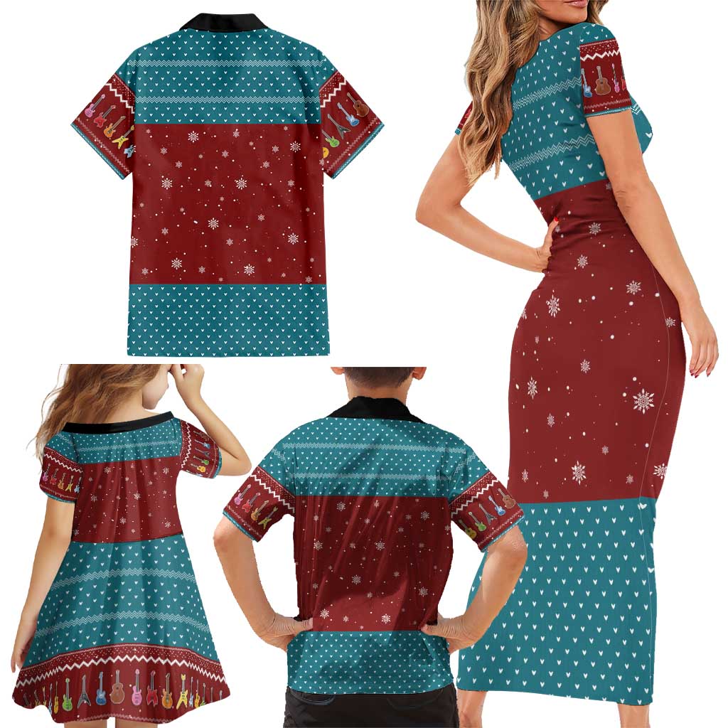 Christmas Guitar Family Matching Short Sleeve Bodycon Dress and Hawaiian Shirt with Santa Hats Trees Snowflakes and Musical Pattern - Wonder Print Shop