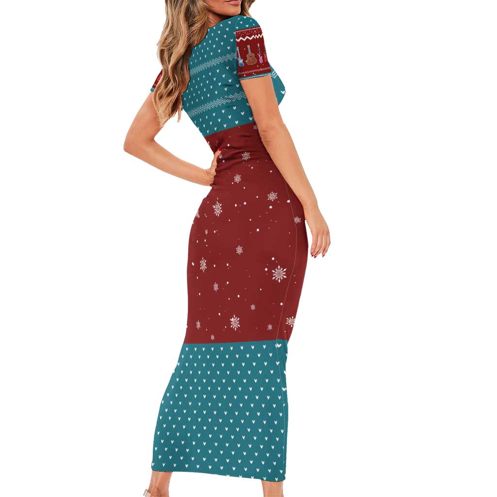 Christmas Guitar Family Matching Short Sleeve Bodycon Dress and Hawaiian Shirt with Santa Hats Trees Snowflakes and Musical Pattern - Wonder Print Shop