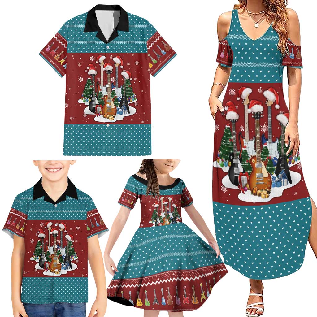 Christmas Guitar Family Matching Summer Maxi Dress and Hawaiian Shirt with Santa Hats Trees Snowflakes and Musical Pattern - Wonder Print Shop
