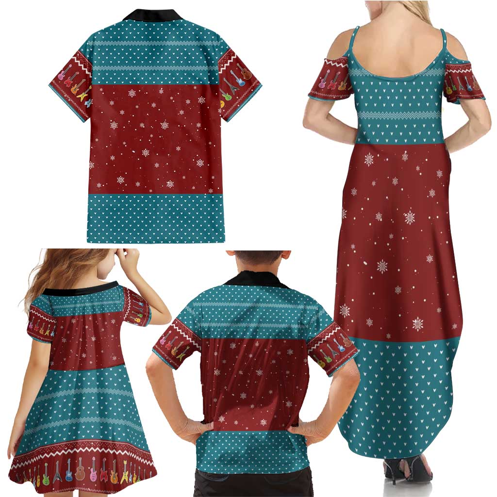Christmas Guitar Family Matching Summer Maxi Dress and Hawaiian Shirt with Santa Hats Trees Snowflakes and Musical Pattern - Wonder Print Shop