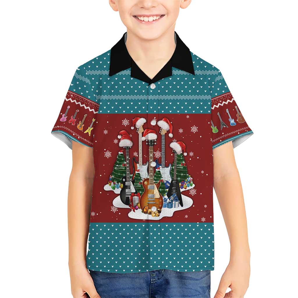 Christmas Guitar Family Matching Summer Maxi Dress and Hawaiian Shirt with Santa Hats Trees Snowflakes and Musical Pattern - Wonder Print Shop