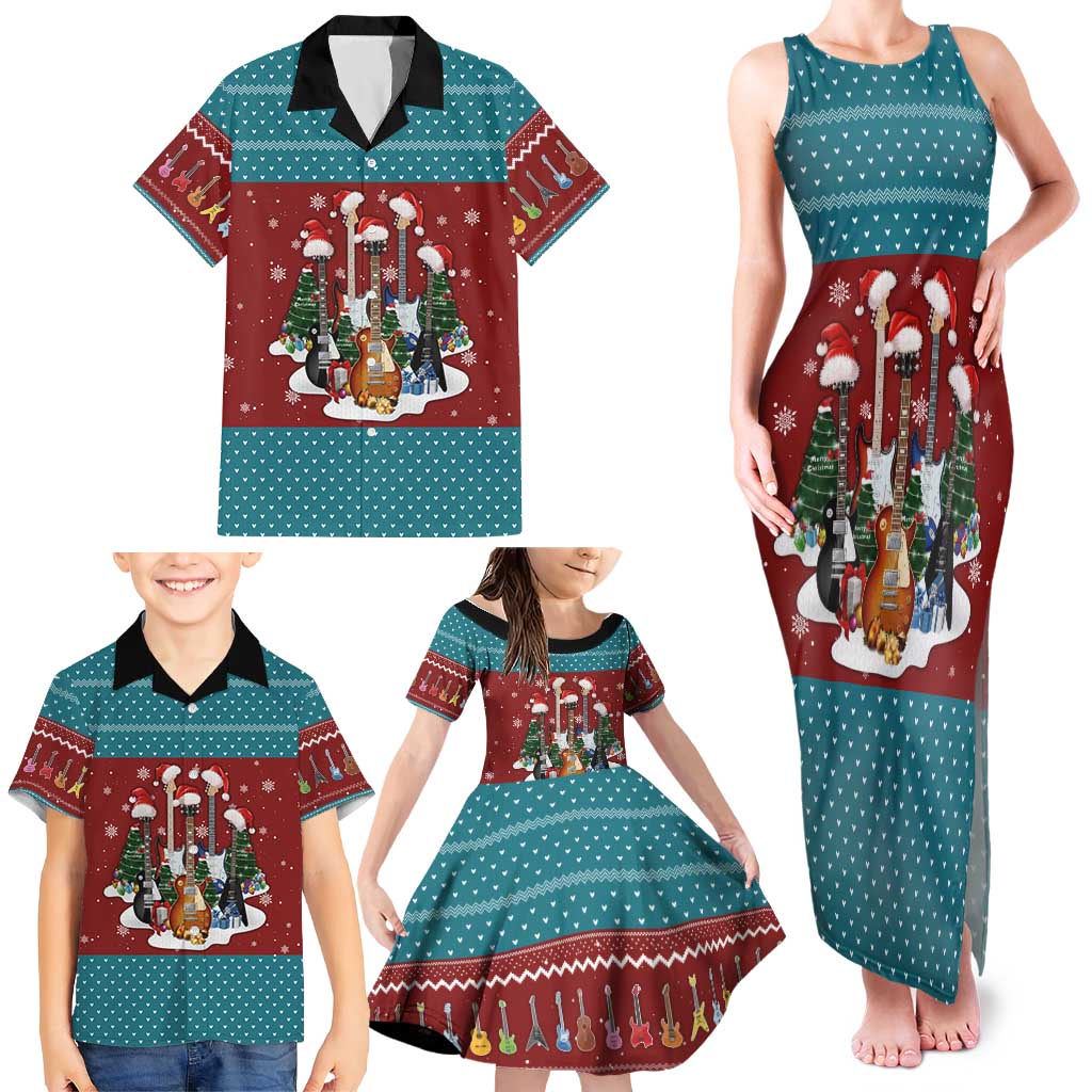 Christmas Guitar Family Matching Tank Maxi Dress and Hawaiian Shirt with Santa Hats Trees Snowflakes and Musical Pattern - Wonder Print Shop