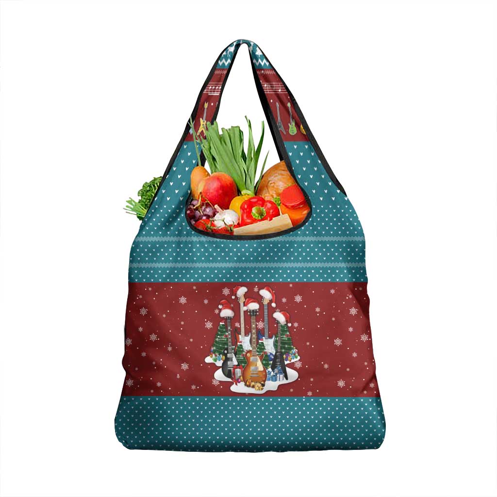 Christmas Guitar Grocery Bag with Santa Hats Trees Snowflakes and Musical Pattern - Wonder Print Shop