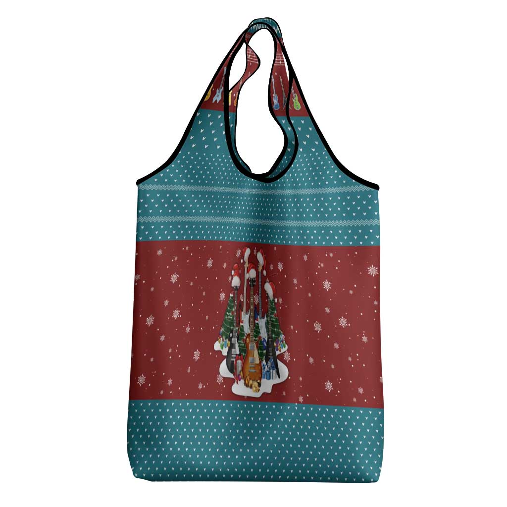 Christmas Guitar Grocery Bag with Santa Hats Trees Snowflakes and Musical Pattern - Wonder Print Shop