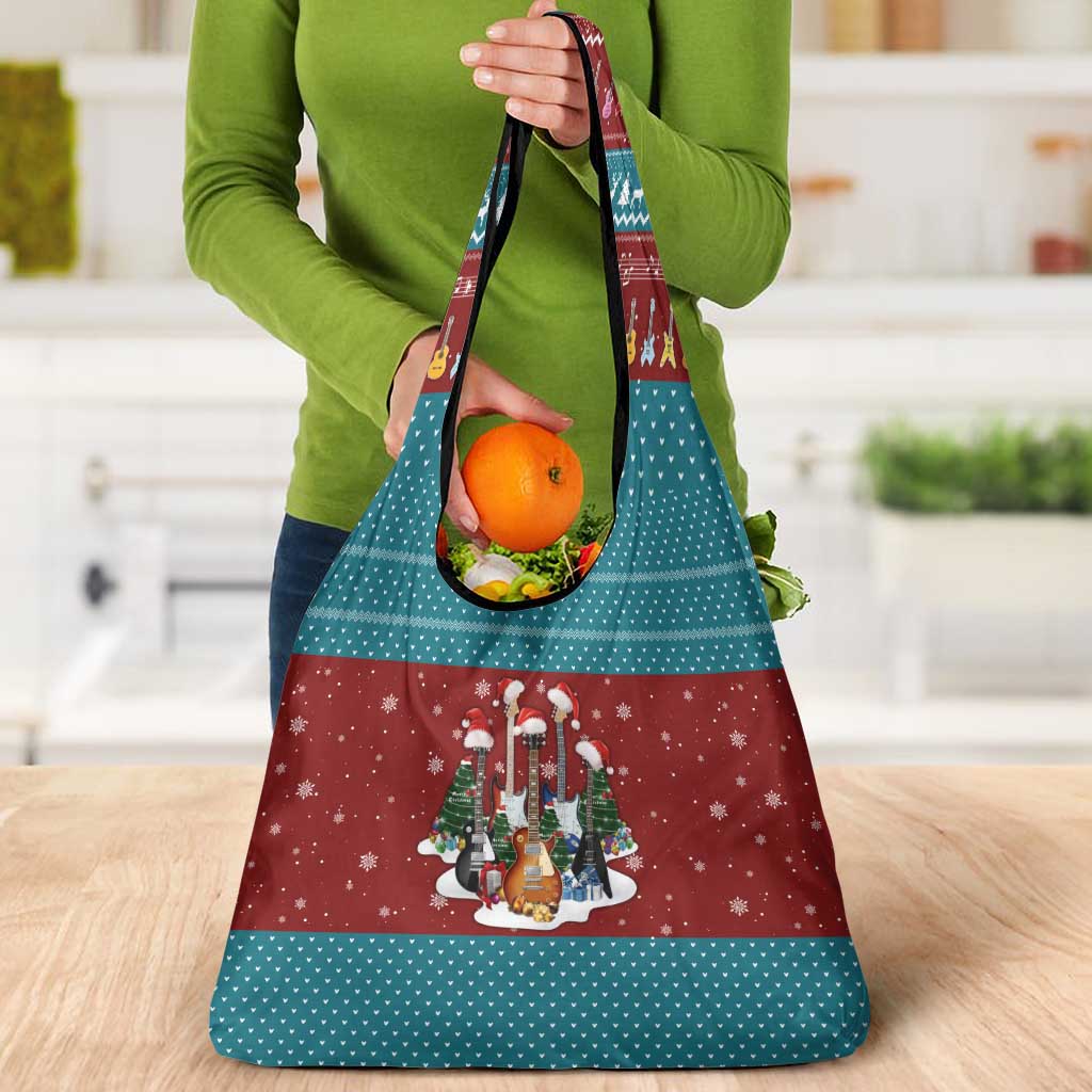 Christmas Guitar Grocery Bag with Santa Hats Trees Snowflakes and Musical Pattern - Wonder Print Shop