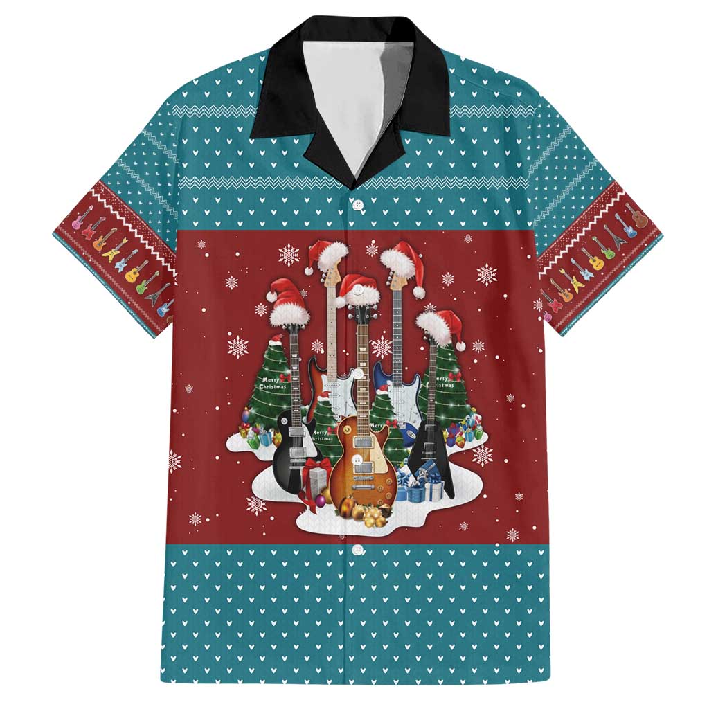 Christmas Guitar Hawaiian Shirt with Santa Hats Trees Snowflakes and Musical Pattern - undefined