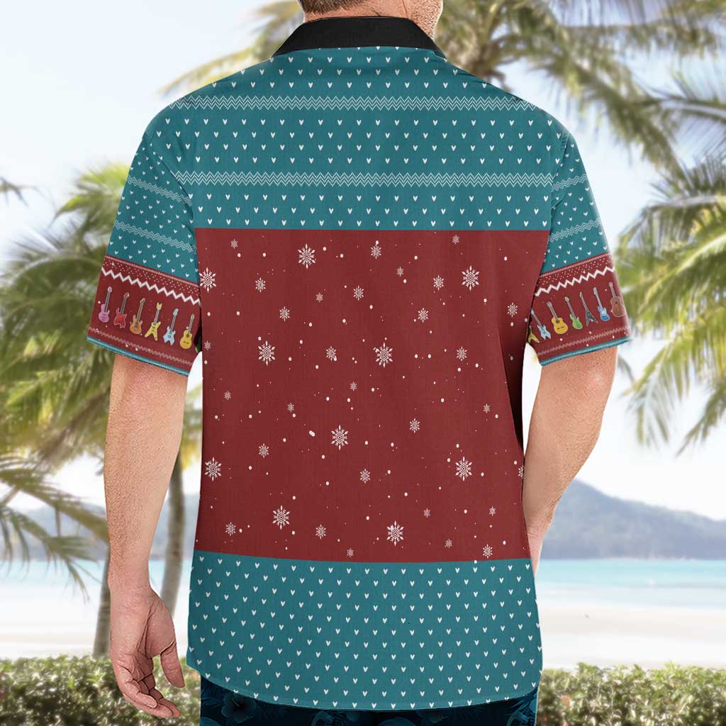 Christmas Guitar Hawaiian Shirt with Santa Hats Trees Snowflakes and Musical Pattern - undefined