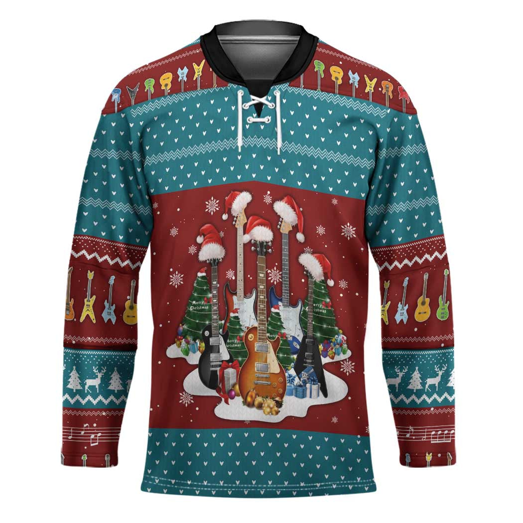 Christmas Guitar Hockey Jersey with Santa Hats Trees Snowflakes and Musical Pattern - Wonder Print Shop