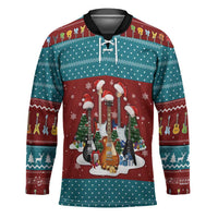 Christmas Guitar Hockey Jersey with Santa Hats Trees Snowflakes and Musical Pattern - Wonder Print Shop