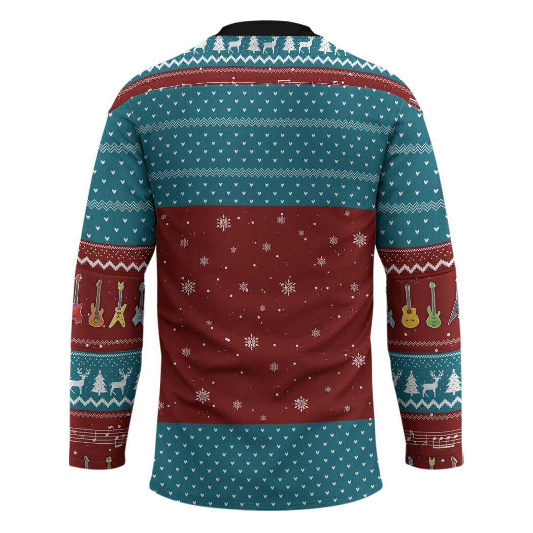 Christmas Guitar Hockey Jersey with Santa Hats Trees Snowflakes and Musical Pattern - Wonder Print Shop