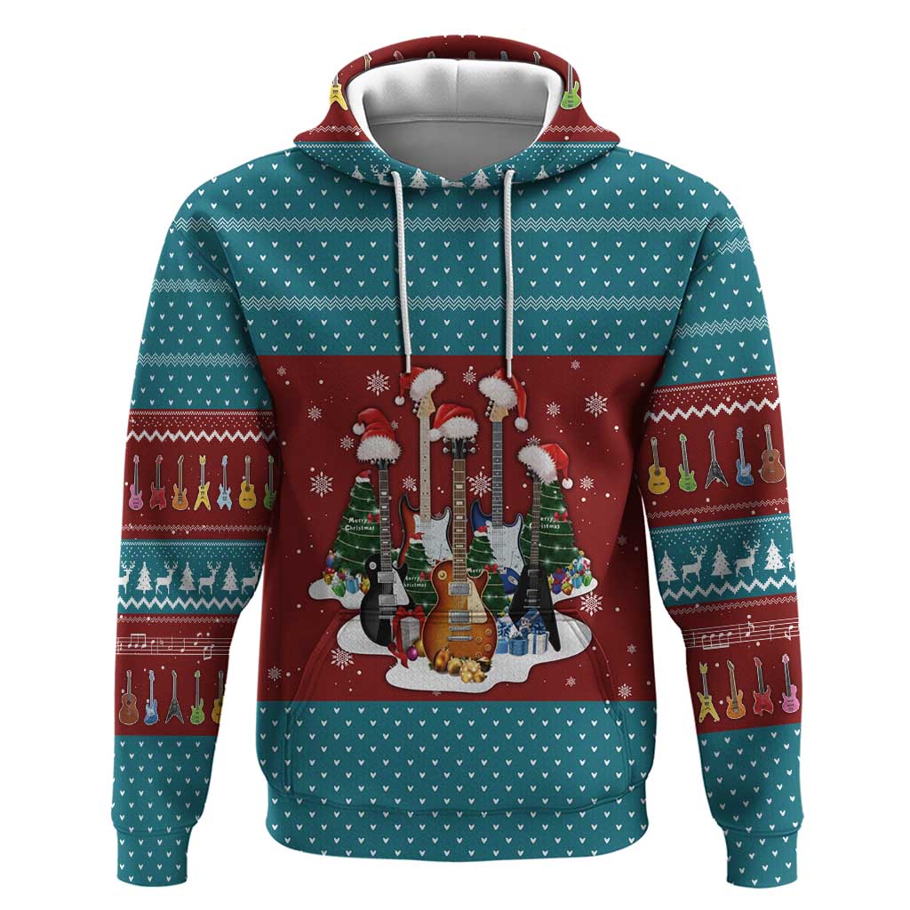 Christmas Guitar Hoodie with Santa Hats Trees Snowflakes and Musical Pattern - Wonder Print Shop