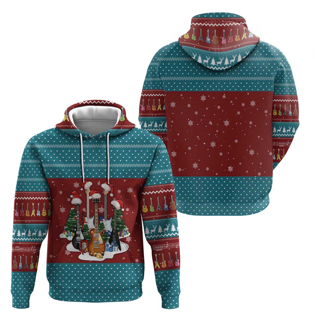 Christmas Guitar Hoodie with Santa Hats Trees Snowflakes and Musical Pattern - Wonder Print Shop