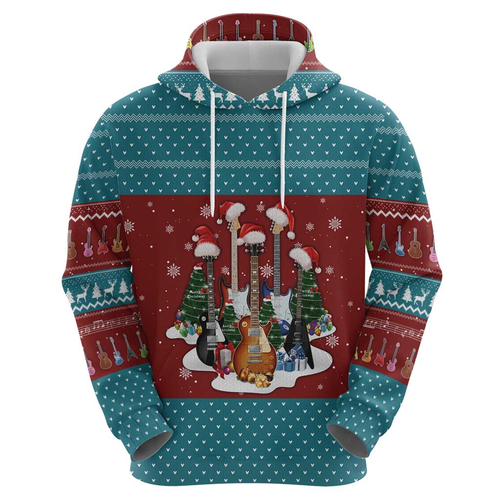 Christmas Guitar Hoodie with Santa Hats Trees Snowflakes and Musical Pattern - Wonder Print Shop