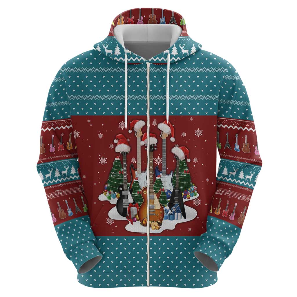 Christmas Guitar Hoodie with Santa Hats Trees Snowflakes and Musical Pattern - Wonder Print Shop
