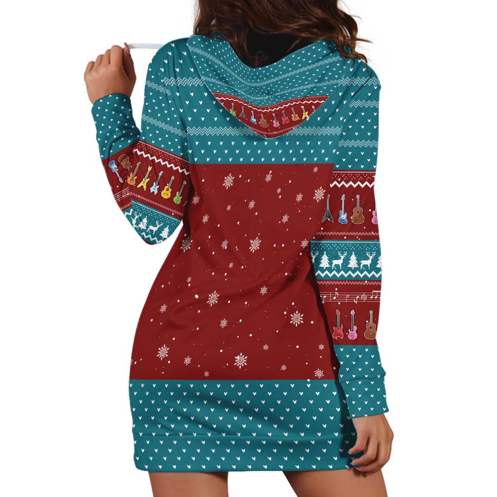 Christmas Guitar Hoodie Dress with Santa Hats Trees Snowflakes and Musical Pattern - Wonder Print Shop