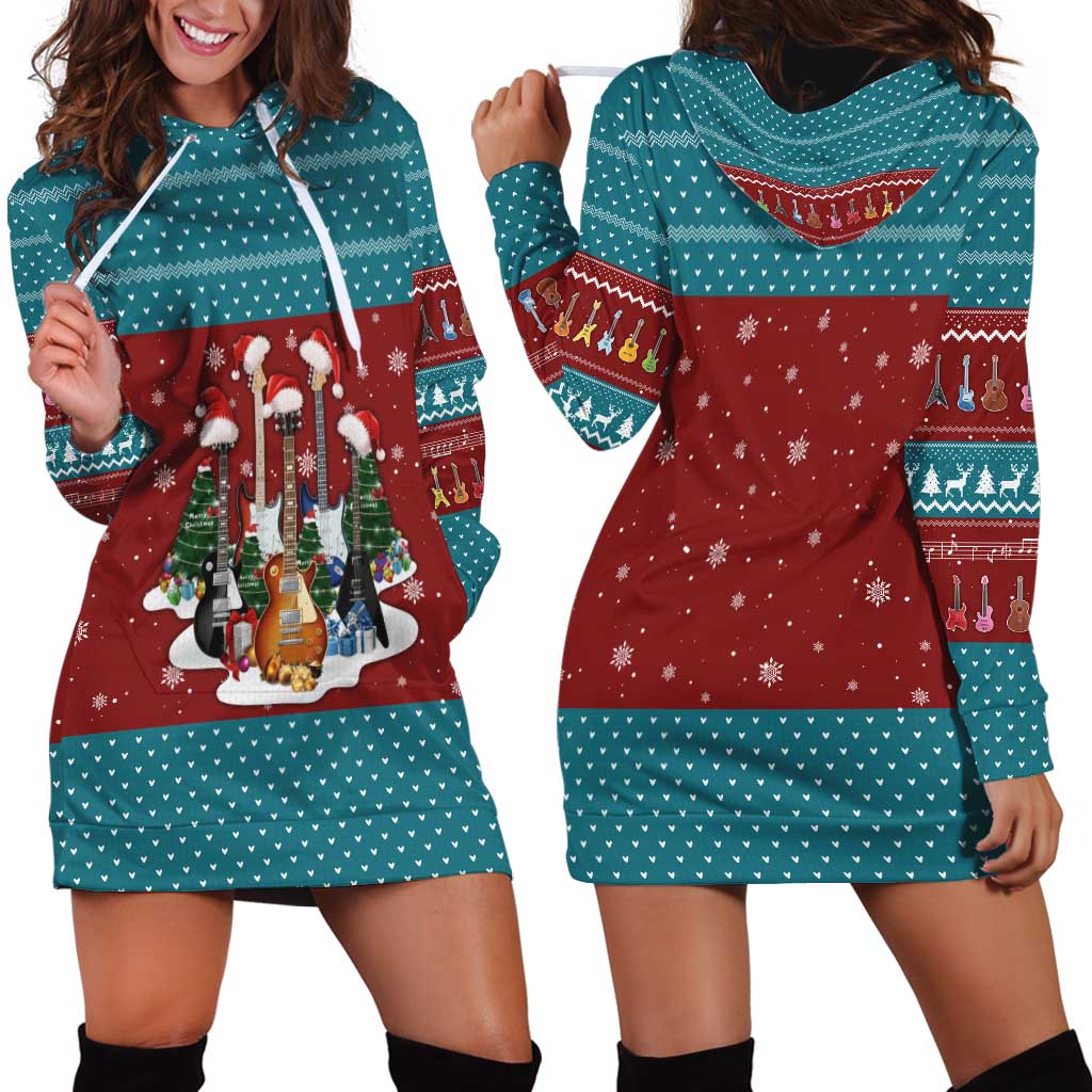 Christmas Guitar Hoodie Dress with Santa Hats Trees Snowflakes and Musical Pattern - Wonder Print Shop