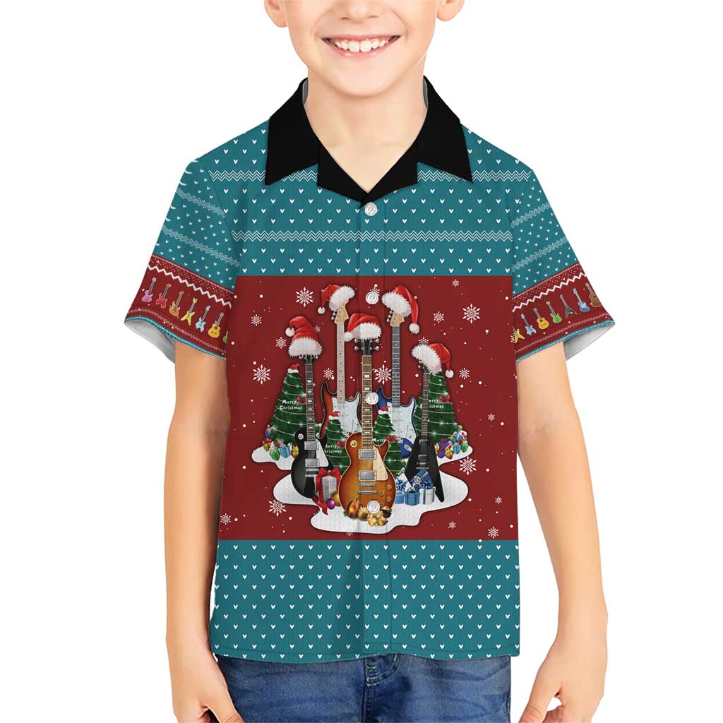 Christmas Guitar Kid Hawaiian Shirt with Santa Hats Trees Snowflakes and Musical Pattern - Wonder Print Shop