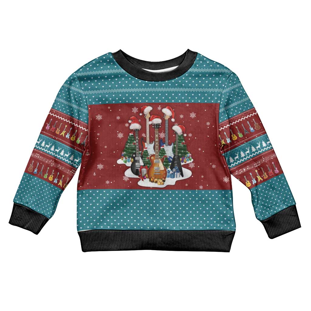 Christmas Guitar Kid Ugly Christmas Sweater with Santa Hats Trees Snowflakes and Musical Pattern - Wonder Print Shop