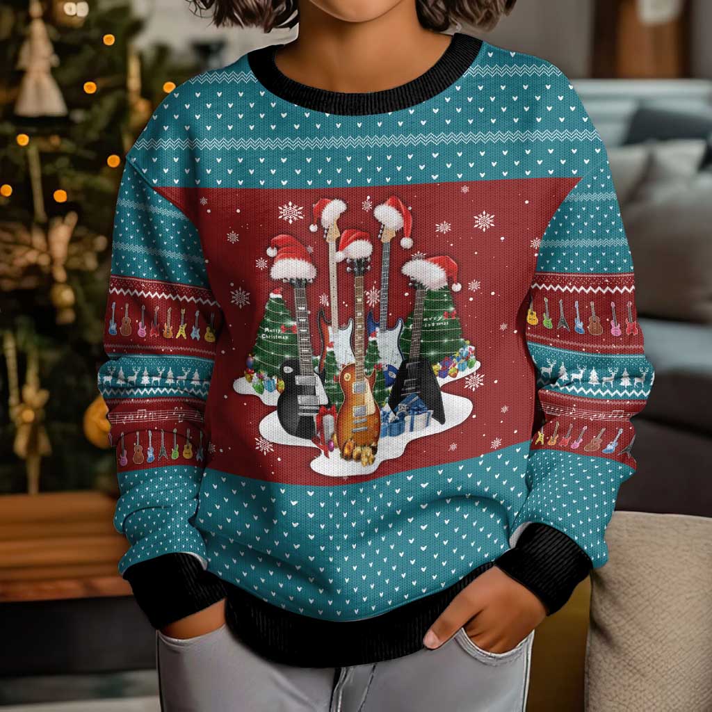 Christmas Guitar Kid Ugly Christmas Sweater with Santa Hats Trees Snowflakes and Musical Pattern - Wonder Print Shop