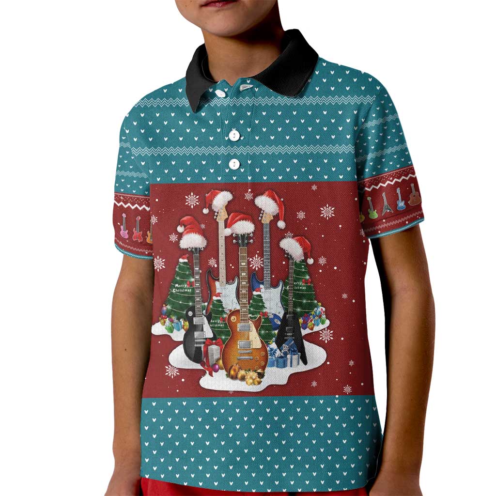 Christmas Guitar Kid Polo Shirt with Santa Hats Trees Snowflakes and Musical Pattern - Wonder Print Shop