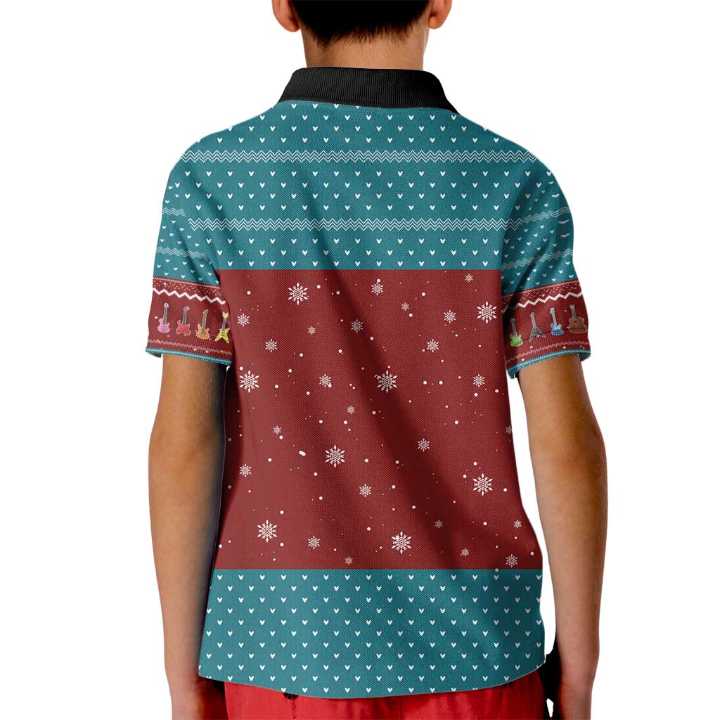 Christmas Guitar Kid Polo Shirt with Santa Hats Trees Snowflakes and Musical Pattern - Wonder Print Shop