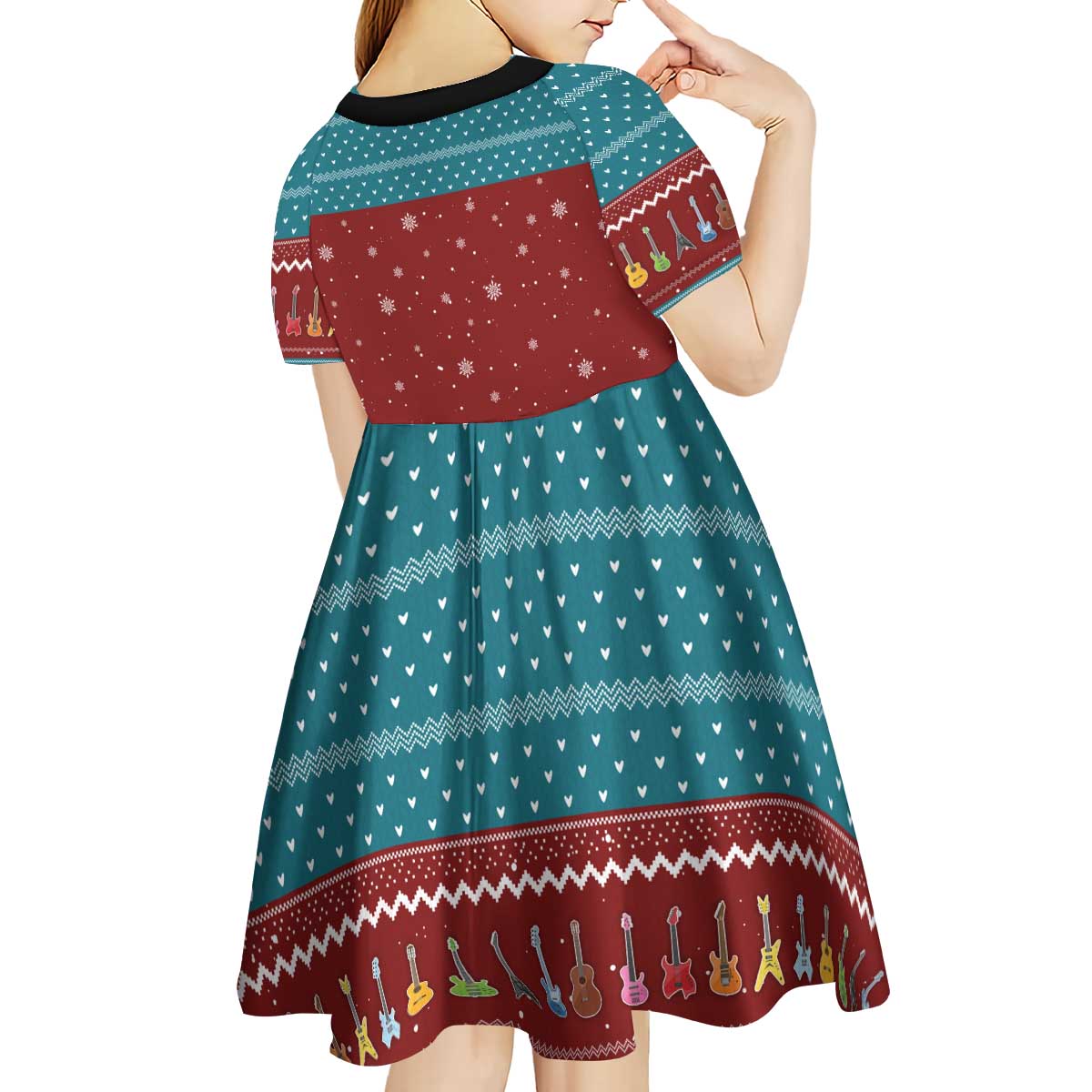 Christmas Guitar Kid Short Sleeve Dress with Santa Hats Trees Snowflakes and Musical Pattern - Wonder Print Shop